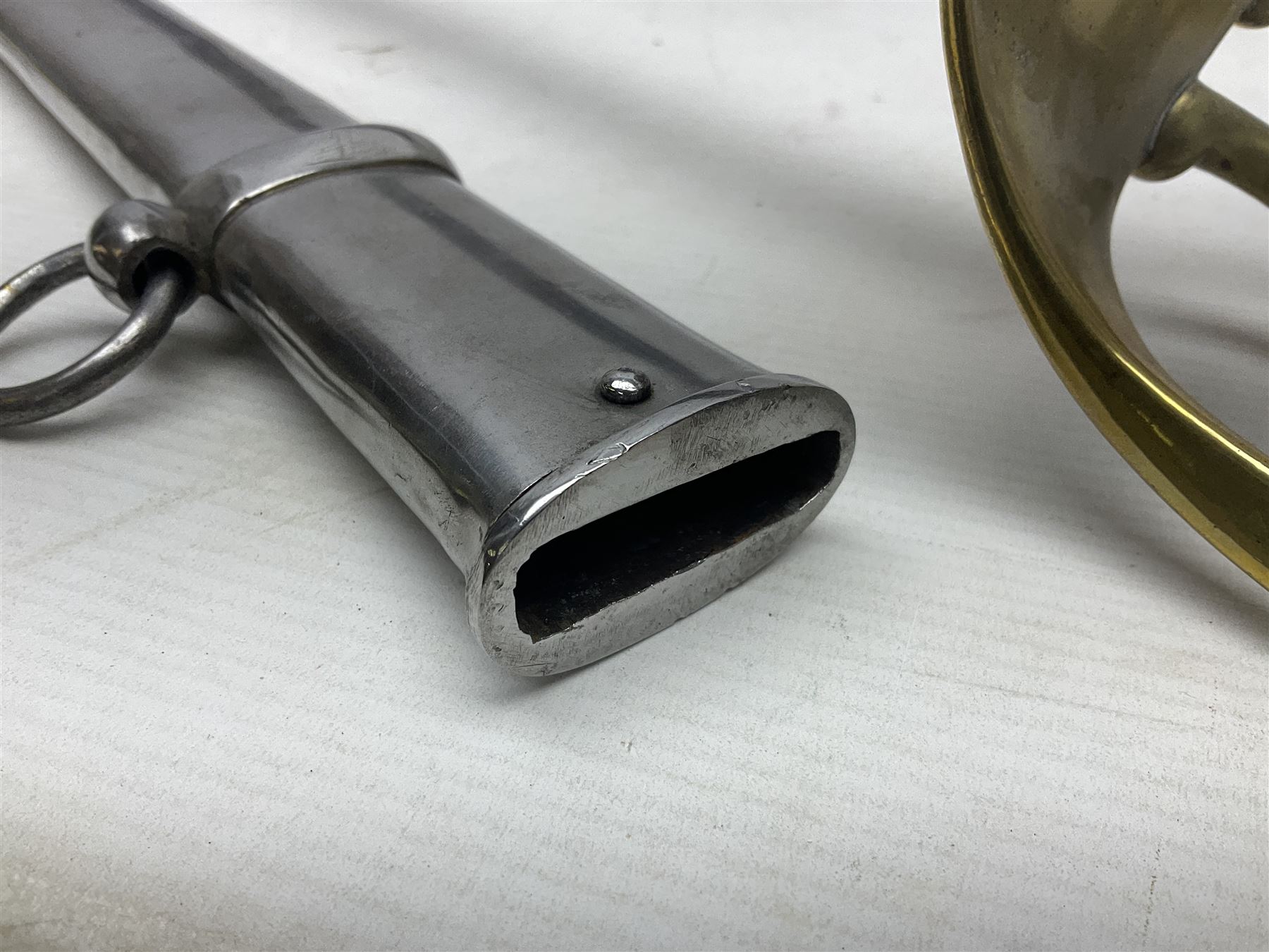 Early 19c French 1st Empire Heavy Cavalry trooper's sword, the 95.5cm double fullered blade with various stamped marks and inscribed Klingenthal 1814 to the back edge, four-bar brass hilt with wire-bound leather grip, knucklebow numbered 139; in polished steel scabbard with two suspension rings L117cm overall