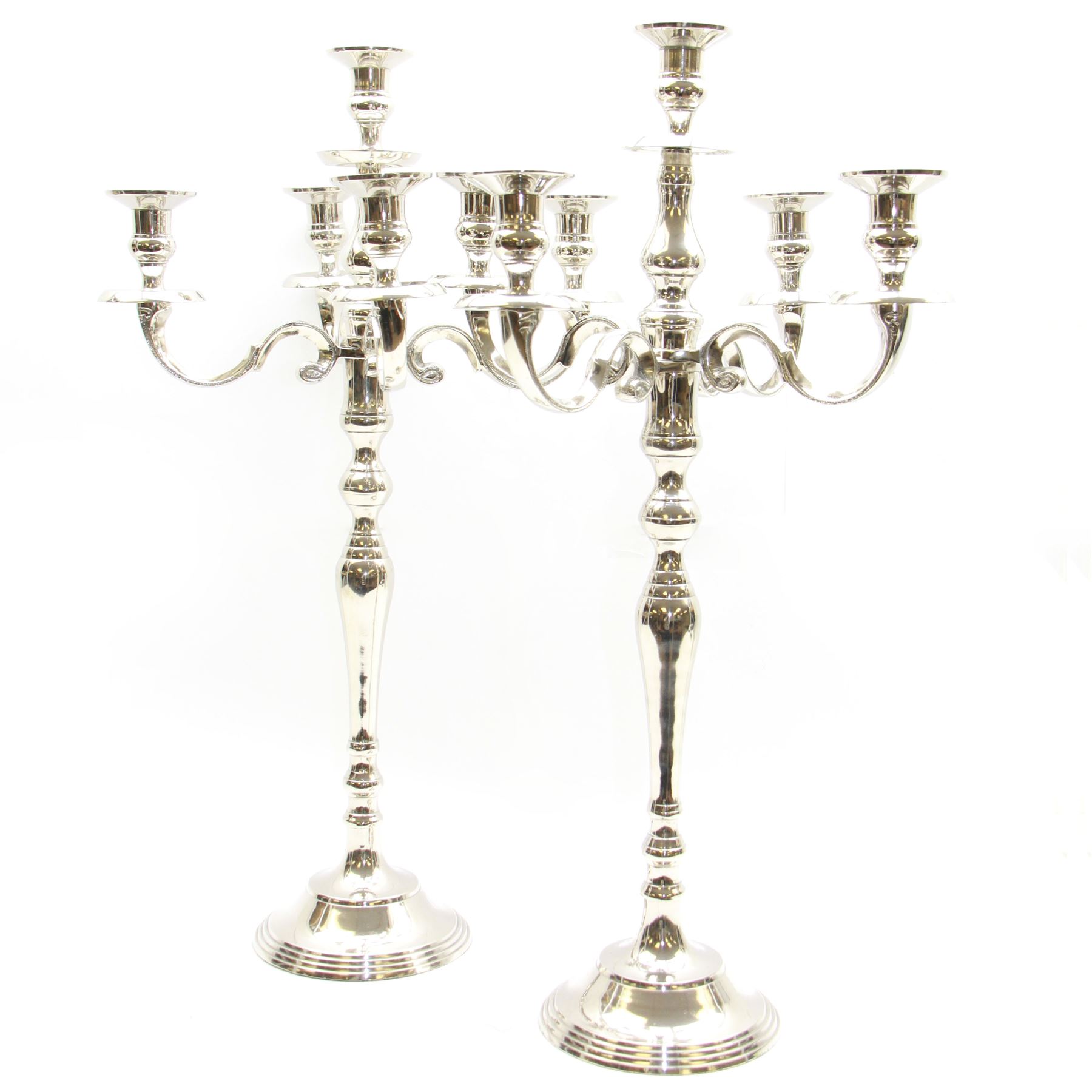 Pair of four branch candelabras, urn-shaped nozzles raised upon scroll branches supported from tapering central stem, with a stepped circular base, H59cm