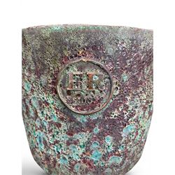 Pair of mature ornamental cherry trees, planted in lead-effect planters stamped ER