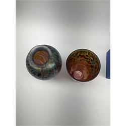 Two Art Glass Jonathan Harris vases, The first example of a baluster form, the second example of tapering cylindrical form,  each with iridescent decoration in tones of purple and blue, tallest example H18.5cm, each with makers box, together with a Isle of Wight glass paperweight. 