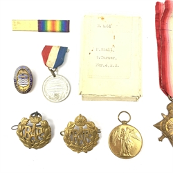 King George V 1914 - 1918 British War Medal named to '14-133 PTE J.W. ROBSON. E. YORK R', War Medal named to 'M. 22411 S. TURNER. PBR. 4 R.N.', Victory Medal and 1914-15 star both named to '3408 PTE. G. COLLINSON. W. YORK. R.' and various badges etc