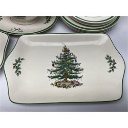 Collection of Spode Christmas Tree pattern part dinner service, comprising three covered tureens, eight dinner plates, eight side plates, eight dessert plates, sauce boat and saucer and serving platter (30)
