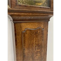 Early 19th century oak longcase clock, projecting cornice over frieze painted with scrolls, square glazed door enclosed by plain pilasters, square brass dial with ornate cast metal spandrels, Roman chapter ring and false subsidiary date aperture, engraved decoration and inscribed 'Torkington, Newcastle', 30-hour movement striking on bell