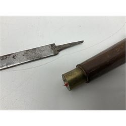 Leather covered swagger/sword stick with 40cm steel blade L62cm overall; another ash sword stick with 30cm diamond section steel blade; pair of fencing foils, the blades marked Solingen; two reproduction flintlock pistols; and 92cm inert cartridge belt (7)