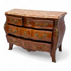 20th century Louis XV design serpentine commode, the rectangular breccia marble top with a rounded moulded edge and projecting corners, above a bombe bombe-shaped kingwood and parquetry design front of two short and two graduated drawers with rococo style handles, corners with gilt-bronze foliate mounts on short cabriole form feet with gilt bronze sabots  