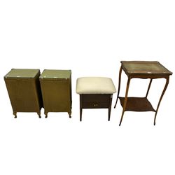 Two Lloyd Loom type linen bins (W36cm, H61cm), early 20th century oak box with upholstered lid and single drawer, and a French style stained beech two tier side table (4)