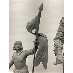 Pair of spelter figures modeled as Cavaliers, together with a spelter figure of Joan of Arc, largest H52cm