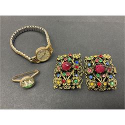 9ct gold jewellery including leaf brooch, wishbone Mizpah brooch, carnelian brooch, gold cased ladies Omega wristwatch, on leather strap and gold cased ladies Tissot wristwatch on expanding gilt strap, together with silver brooches and a Czech paste buckle, etc