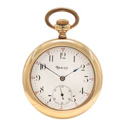 Early 20th century gold-plated open face keyless lever pocket watch by Omega, No. 3481968,...