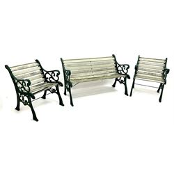 Cast iron garden bench, painted timber slats (W127cm) and pair of matching armchairs (W63cm)