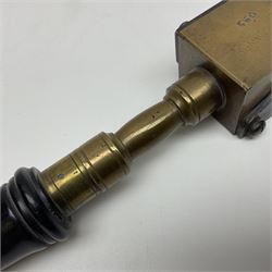 Late 19th/early 20th century brass 360 Express bullet mould for rifles, probably 360 x 2.25, with ebonised turned wooden handle L28cm