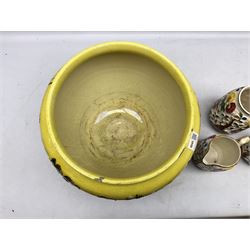 Victorian Leeds Art Pottery jardinière decorated with flowers and foliage on a brown and yellow merging ground, together with H.J. Wood Indian Tree jugs and vase, jardinière D37cm