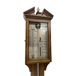 Comitti-20th century mercury stick barometer in an 18th century style mahogany case with satinwood stringing, with a broken pediment, brass finial and round base, silvered register with recording vernier, weather predictions and a centigrade/Fahrenheit spirit thermometer enclosed within a glazed door, visible tube with a bulb cistern and turned mahogany cover.
Mercury clean and present with no air locks.