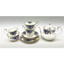 Royal Albert teaset for two, comprising teapot, two tea cups and two saucers, two side plates, milk jug, and open sucrier, decorated in the Moolight Rose pattern. 