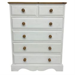 Painted pine chest, fitted with two short over four long drawers with turned wooden handles, in white finish