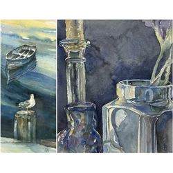 Catherine J Stephenson (Yorkshire 1967-): Seagull at Whitby Harbour and Still Life of Jars, two watercolours signed 30cm x 13cm and 19cm x 16cm (2)