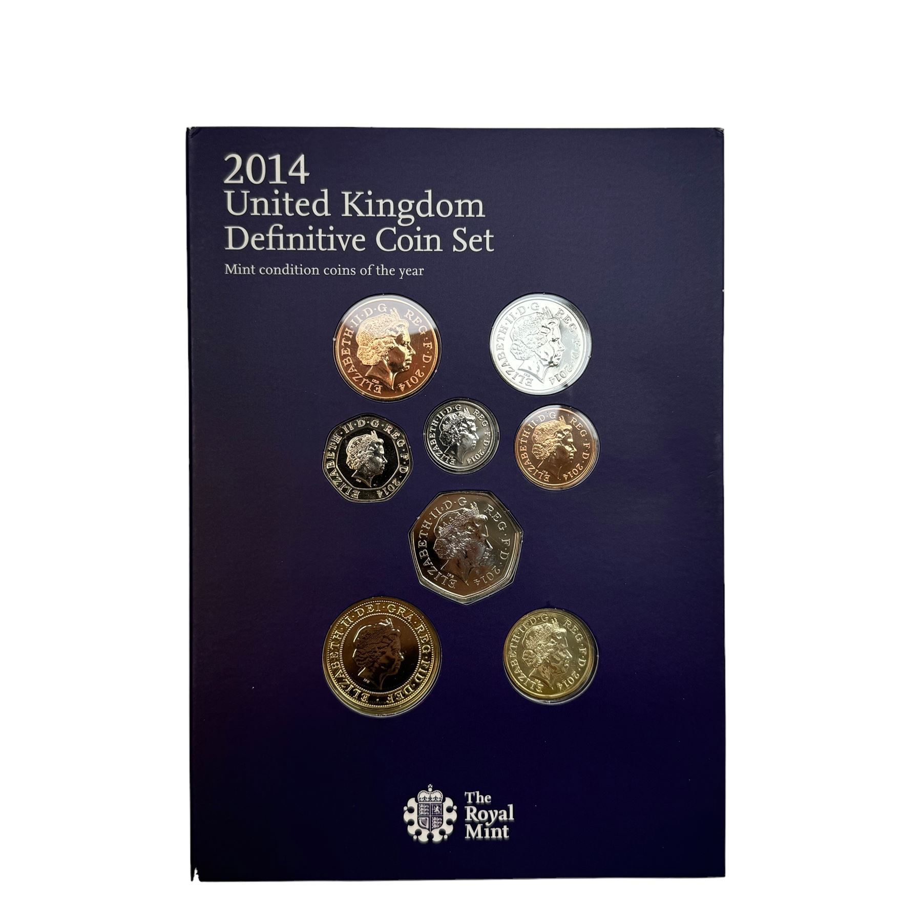 Six The Royal Mint United Kingdom uncirculated coins or sets, comprising  2008 'Queen Elizabeth I' five pounds, 2010 twelve coins, 2012 'Definitive' eight coins, 2013 'Definitive' eight coins, 2014 'Definitive' eight coins and 2015 'The Fourth Circulating Coinage Portrait Final Edition' eight coins, all in card folders