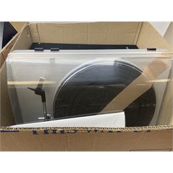 Collection of hi-fi equipment, to include Lenco L-3866 USB turntable, pair of Pioneer speakers, JVC KD-V300, Pioneer SX-590 etc, hi-fi stand with glass in three boxes