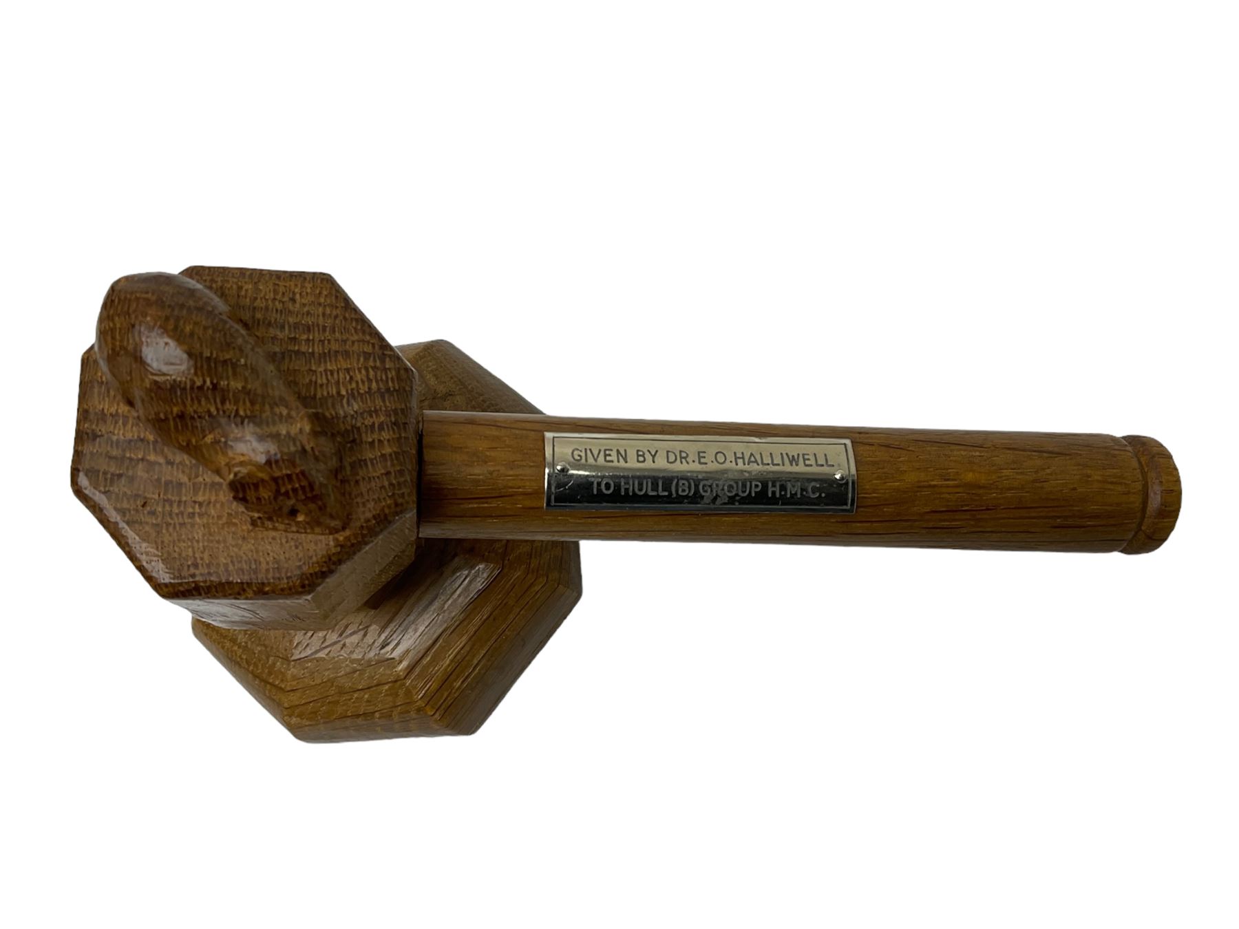 Mouseman - oak gavel and block, the octagonal head with carved mouse signature, the block of octagonal stepped form with baize lined underside, by the workshop of Robert Thompson, Kilburn, L17.5cm
