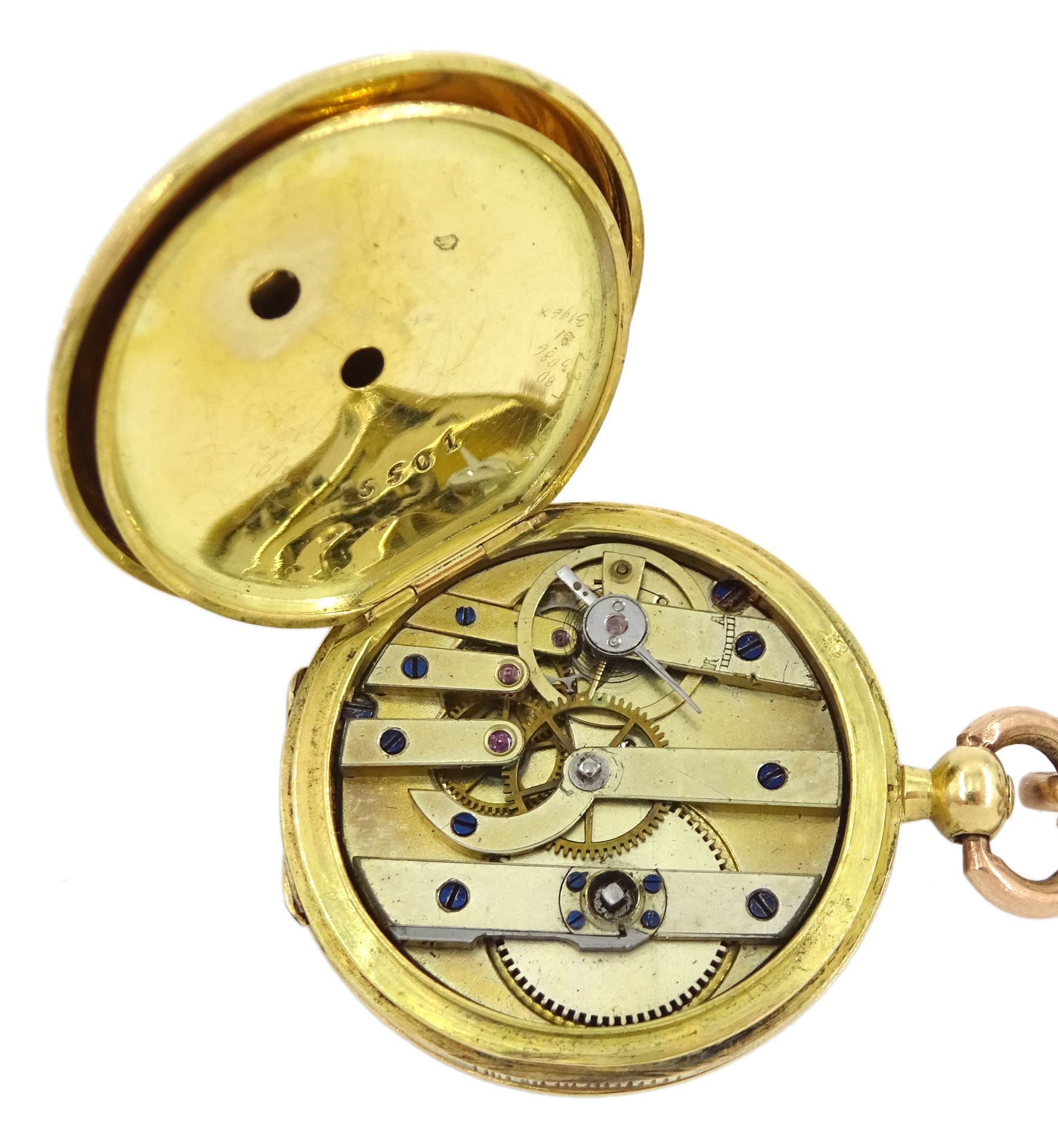 19th century French 18ct gold full hunter key wound cylinder ladies fob watch, the inner dust cover engraved 'Chs Oudin Bte Palais Royal 52 No. 16239..', white enamel dial with Roman numerals, guilloche blue enamel and diamond outer case, eagle hallmark, with gold split seed pearl bow brooch