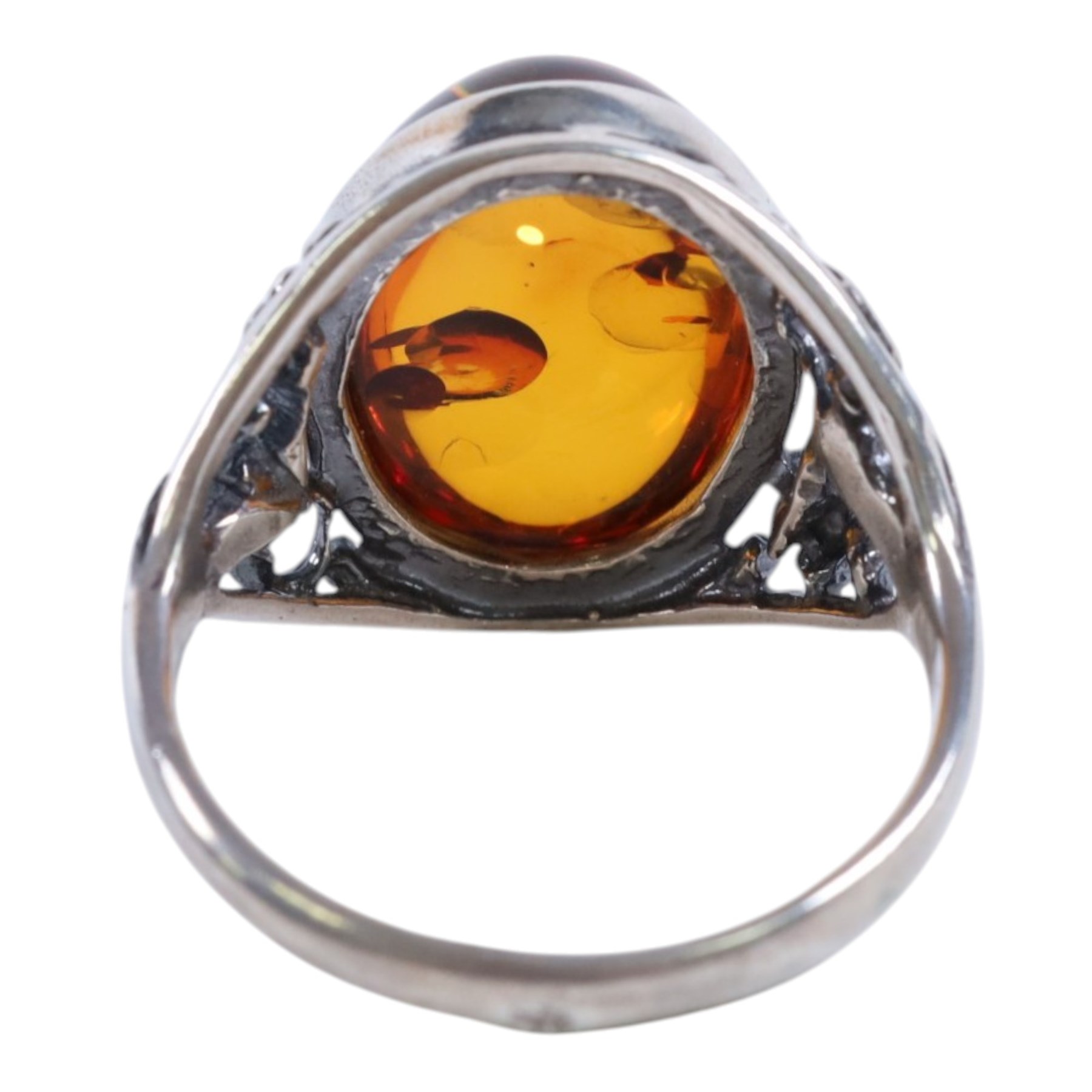 Silver amber ring, boxed