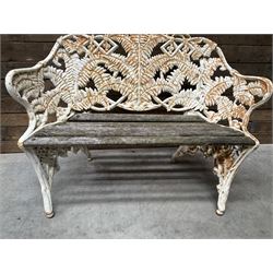 19th century cast iron Coalbrookdale design garden bench, elaborate fern leaf motif, slatted timber seat 