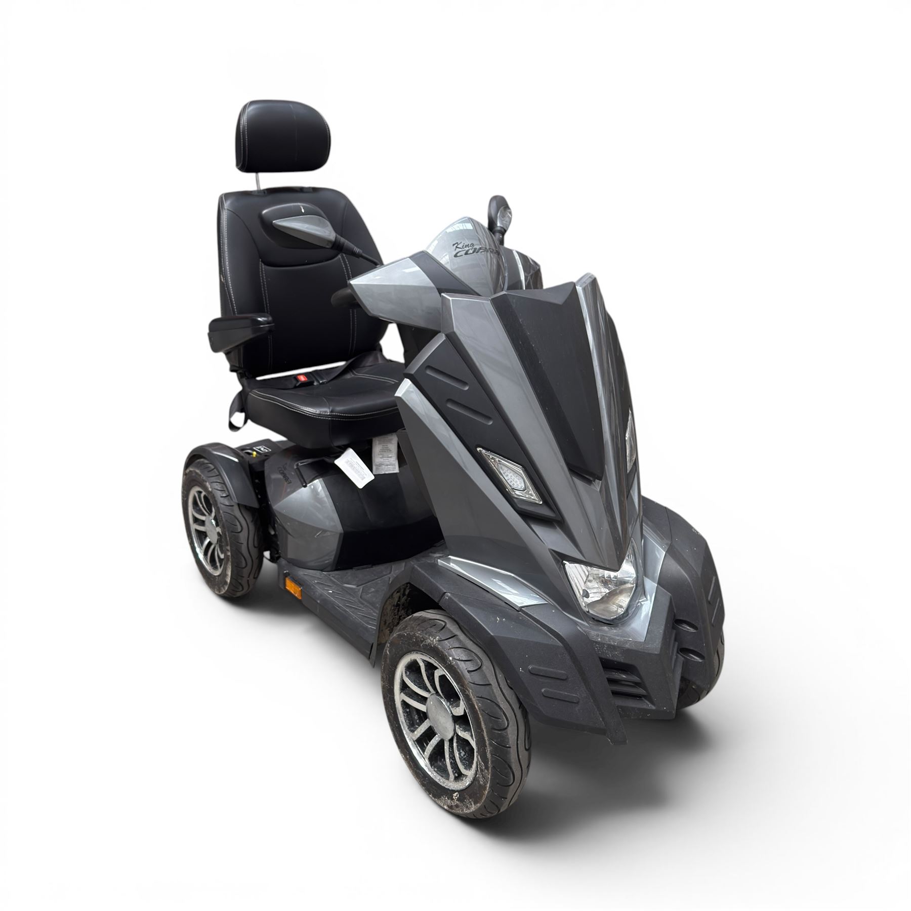Drive King Cobra  - mobility scooter, four wheel model with black seat and headrest, lights and grey bodywork, 800 miles.