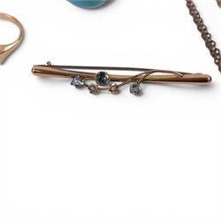 18ct gold stone set ring, together with 9ct gold jewellery, including stone set brooch, single hoop earring, signet ring and heart pendant, silver pendant and gilt chain