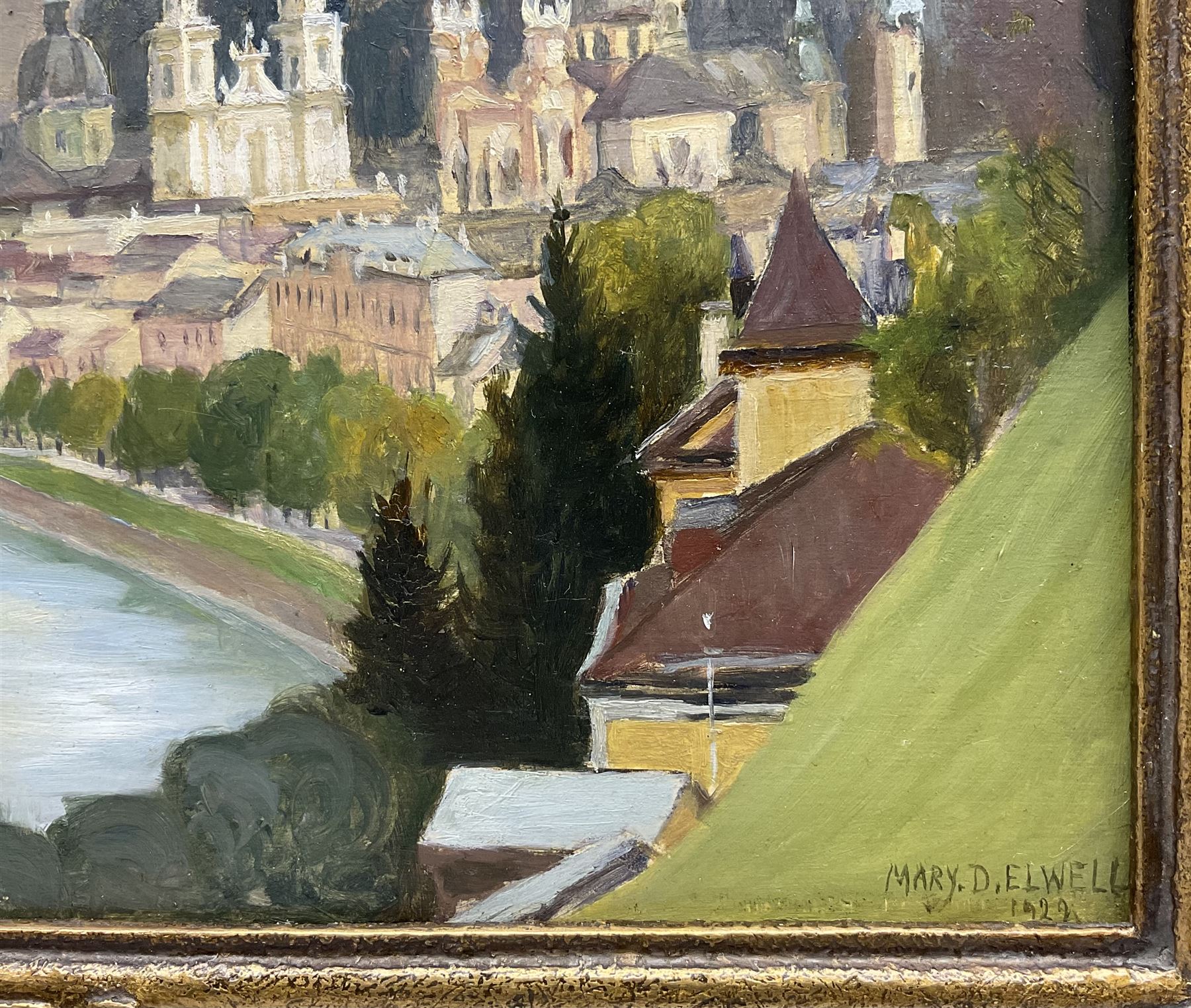 Mary Dawson Elwell (British 1874-1952): 'Salzburg Castle', oil on panel signed and dated 1929, original title label with artist's address verso 25cm x 35cm
Provenance: East Yorkshire dec'd estate; with Dee Atkinson & Harrison, Driffield, 3rd July 2009 Lot 466