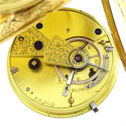 Victorian 18ct gold open face key wound lever pocket watch, No. 33202, gilt dial with Roman numeral hour markers, engraved foliate case with empty cartouche, case makers mark A W, London 1871