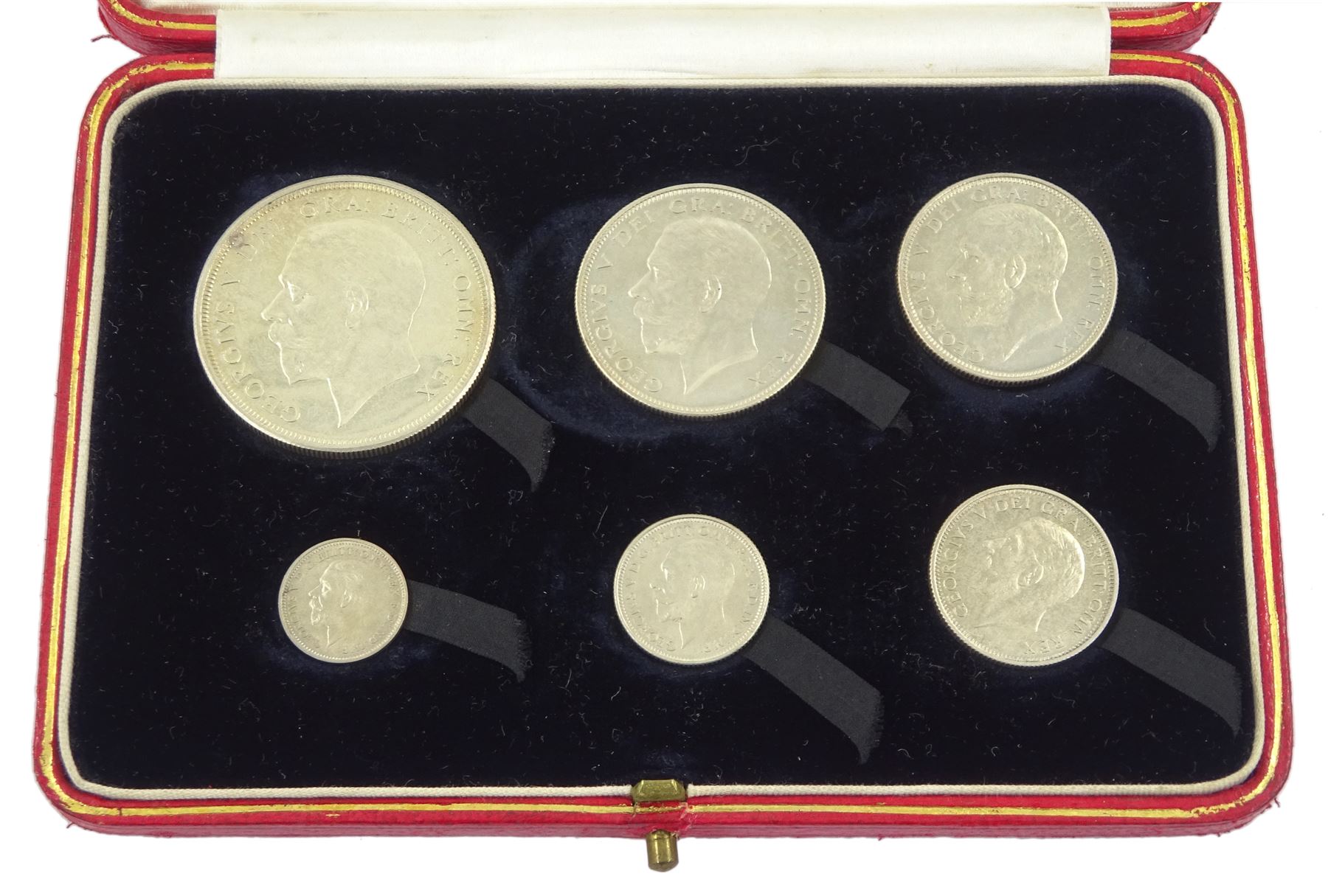 King George V 1927 proof coin set, comprising threepence, sixpence, one shilling, florin, halfcrown and 'wreath' crown, cased