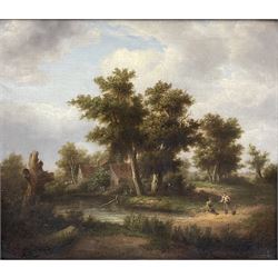 Norwich School (Early 19th century): Wooded Landscape with Cottages and Figures, oil on canvas unsigned 30cm x 34cm