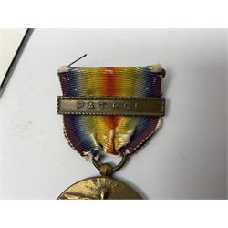 Two WWI American Victory Medals - one Army with Russia clasp, the other Navy/Marine Corps with Patrol clasp; American miniature Distinguished Service Cross and French miniature Croix de Guerre; all with ribbons (4)