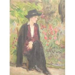 Scottish School (20th century): Lady Sat in a Garden, oil on canvas unsigned, with John Mathieson & Co, Edinburgh label verso 39cm x 29cm