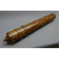  Large 19th century boxwood Ship's chart holder, cylindrical body with reeded bands and screw top with finial, D10cm, L69cm  