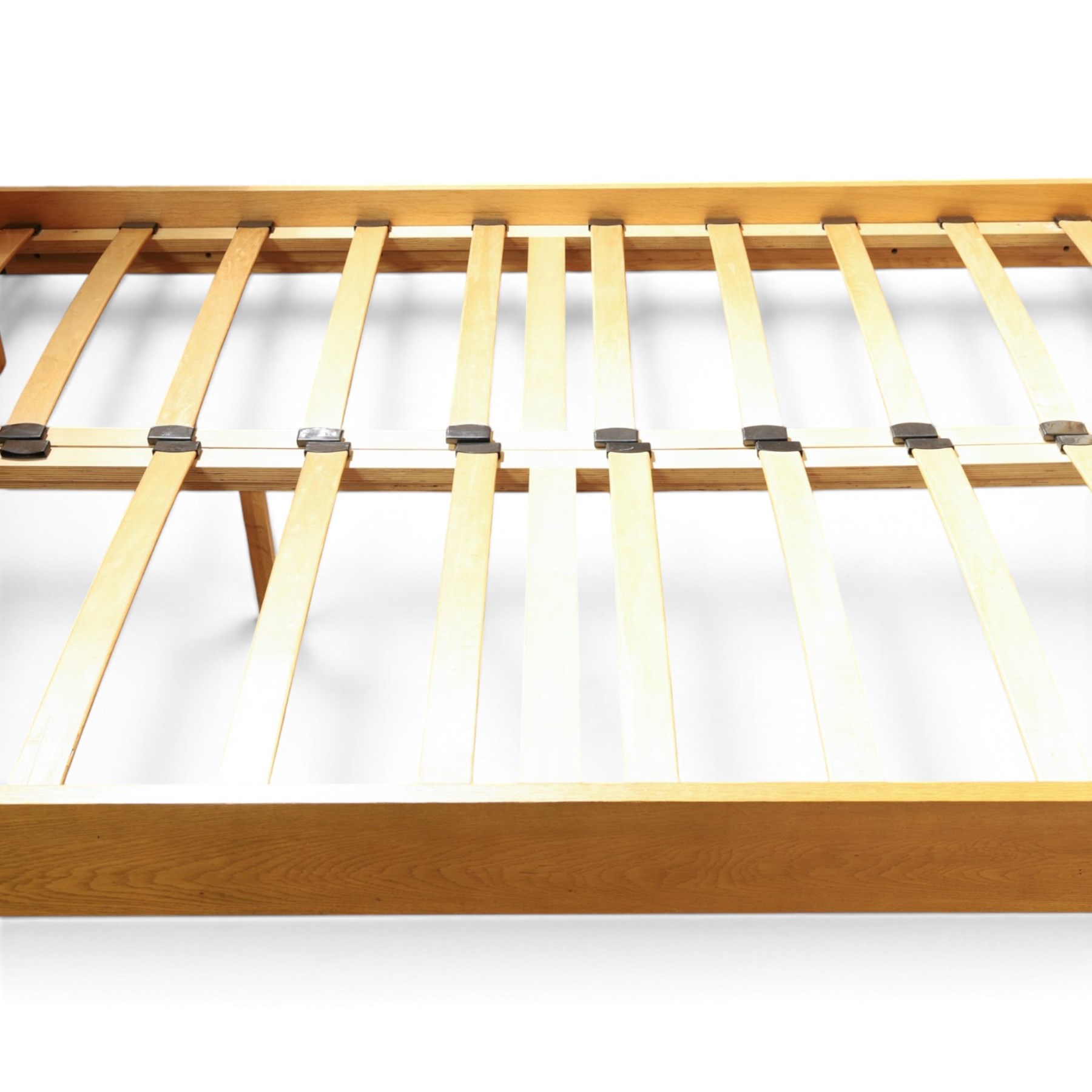 Oak double bed, tongue and groove head and footboard, square supports