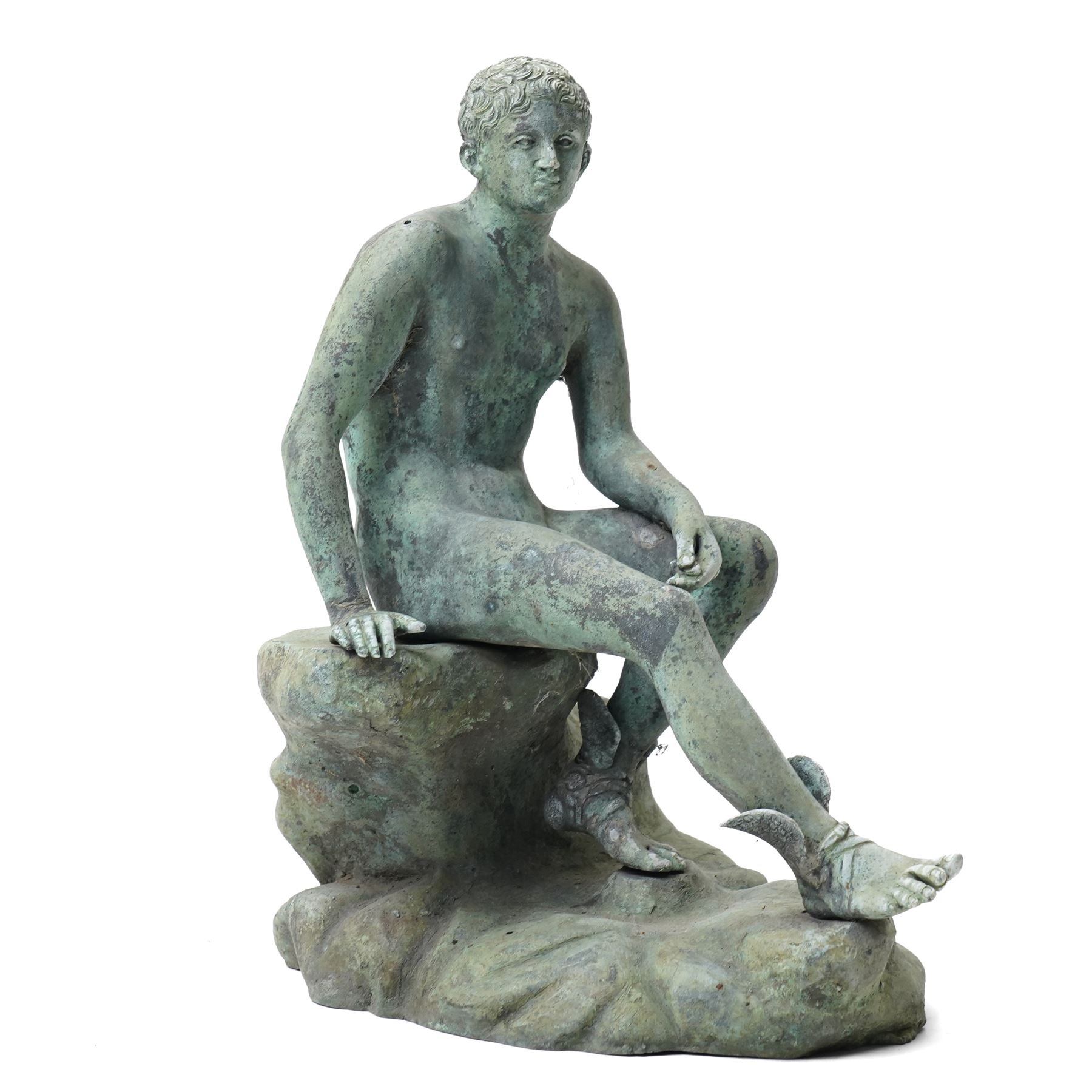 After the Antique - a cast metal sculpture of a resting Hermes, unmarked, H28cm 