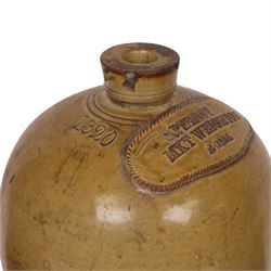 Stoneware flagon, impressed G Piercy Mkt Weighton 2 Gall, together with two salt-ware sprit barrels for Whisky and Brandy 