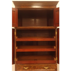 19th century mahogany wardrobe, projecting cornice, three cupboards, two drawers, projecting cornice, W107cm, H243cm, D68cm  