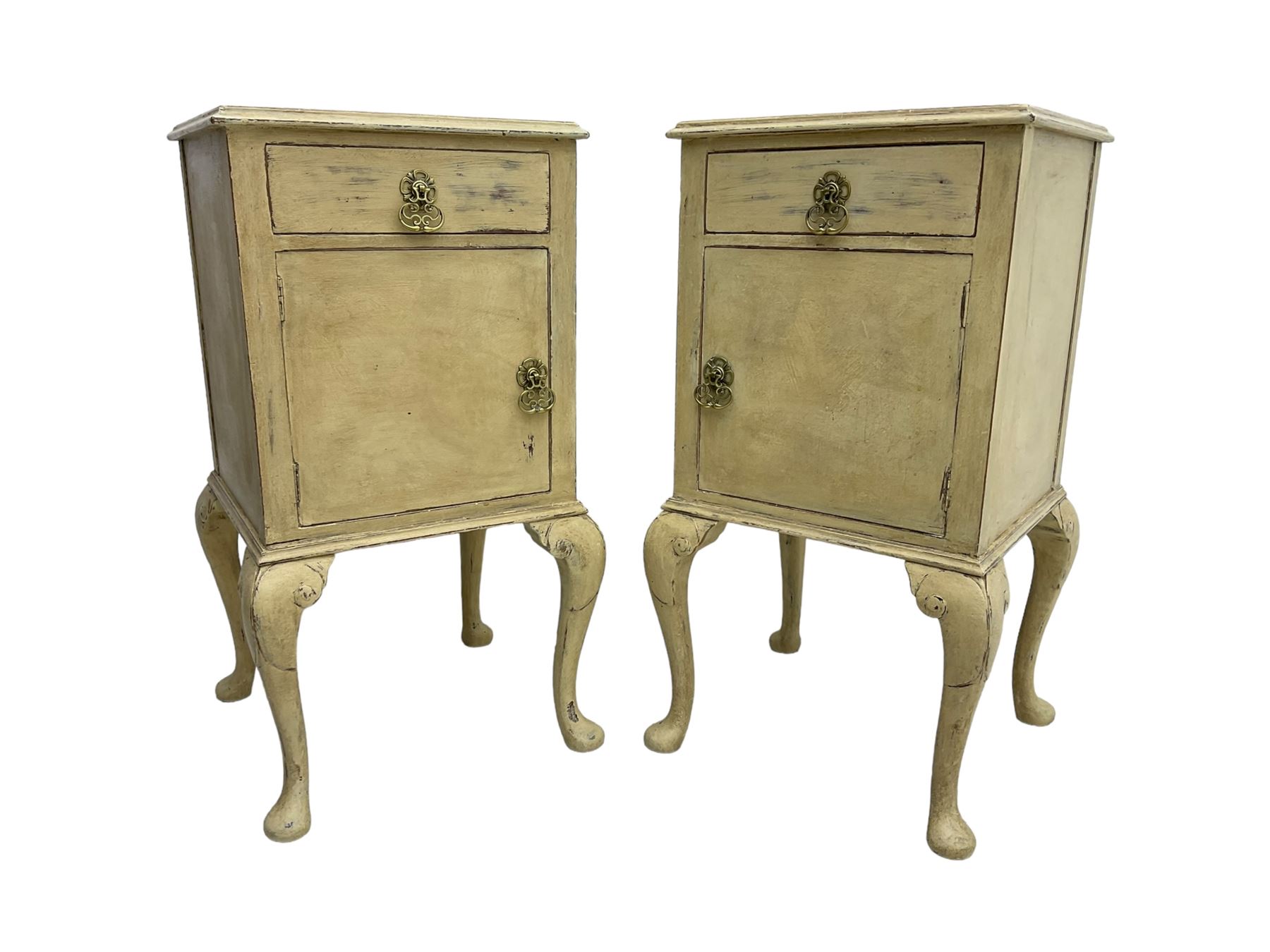 Pair of mid-20th century cream painted bedside cabinets, rectangular top over single drawer and cupboard, on cabriole supports