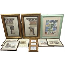 Pair of contemporary architectural prints, five Tom Harland signed prints, and small quantity of further prints (qty)