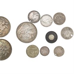 Four Queen Victoria silver crown coins, 1889, 1890, 1891, and 1897, Queen Victoria One Penny Model, George II 1736 silver shilling, George IIII 1831 fourpence, approximately 30 grams of further pre-1920 silver coins, Victoria Queen and Empress diamond jubilee medal, and further pre-decimal coins