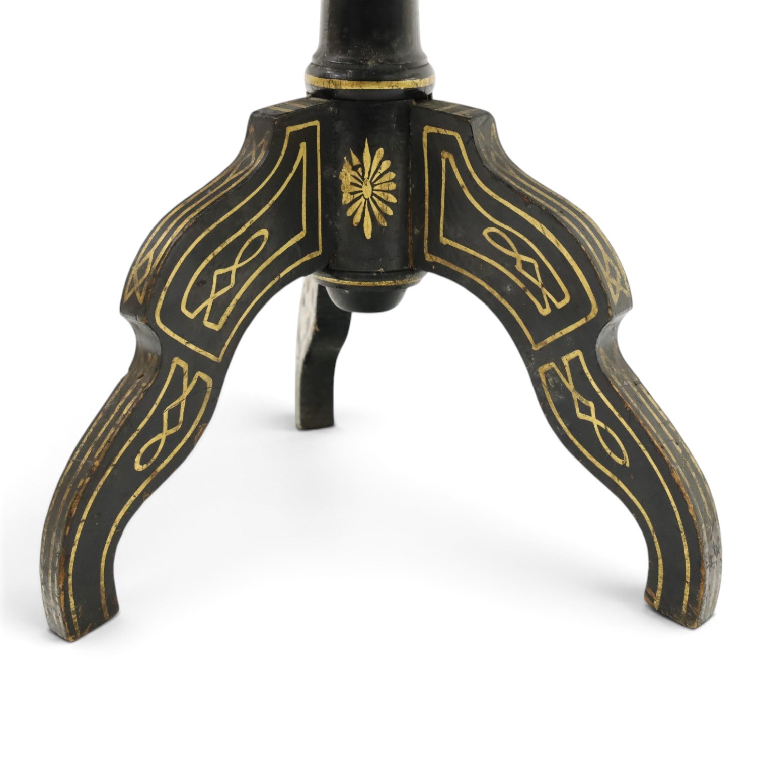 Late Victorian Aesthetic Movement ebonised and parcel-gilt lacquered occasional table, the circular tilt-top decorated in the Anglo-Japanese taste with motifs of fans, birds, insects and flowering branches, raised on a turned pedestal and tripod base shaped splayed supports