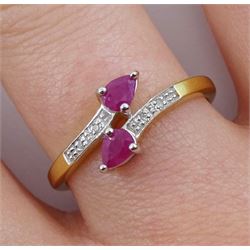 Silver-gilt pear shaped ruby ring, with diamond set shoulders, stamped 925