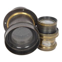 Seven 19th century and later brass camera lenses, including J. Lancaster & Son Rectigraph lens, Watson & Sons 8 1/2 x 6 1/2 lens, Dallmeyer lens and Wray London 5 x 4 lens