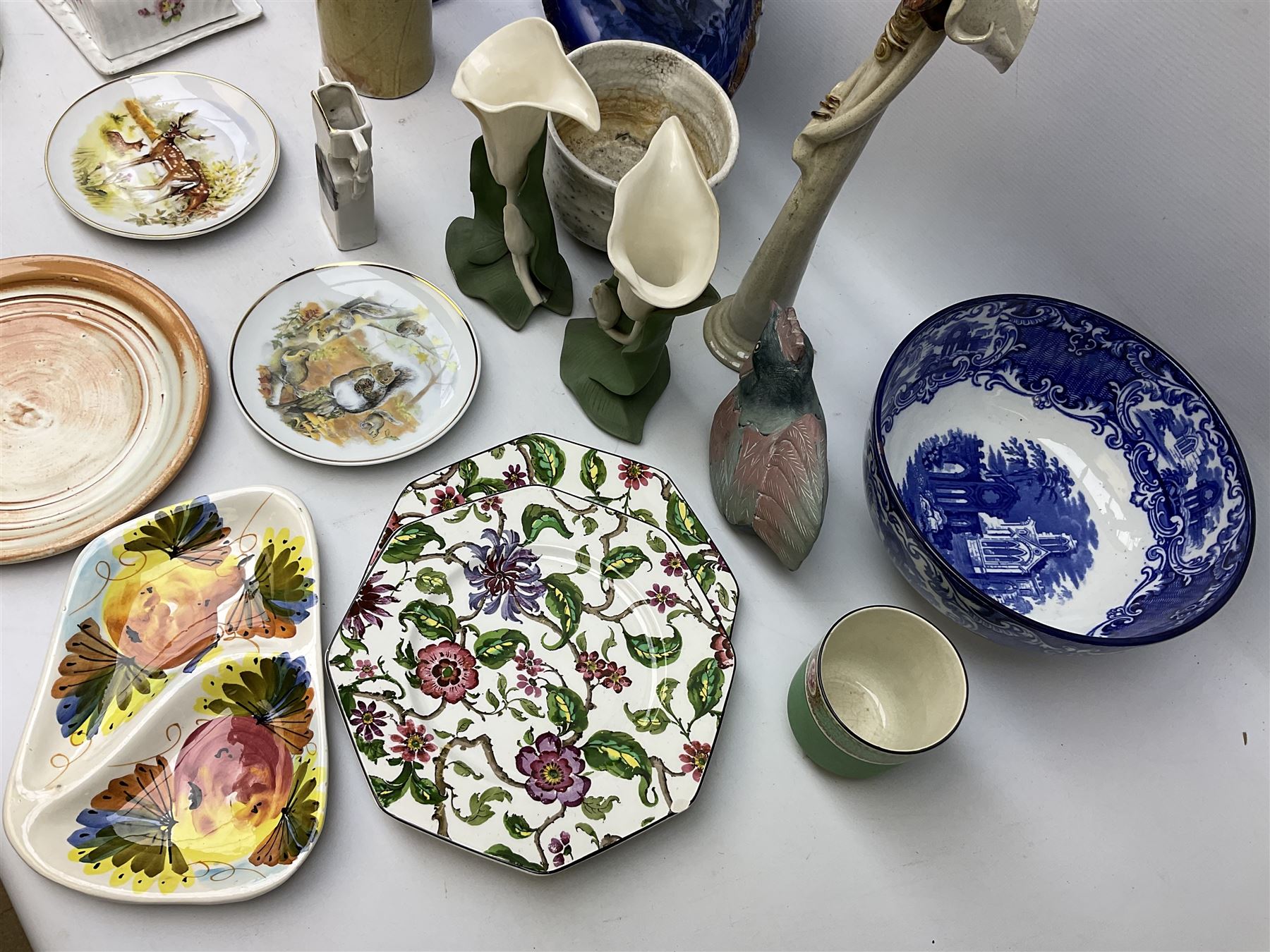 Carlton Ware bowl in the form of an apple, together with a pair of ceramic wall baskets, West Germany vase, and other collectables, in two boxes 