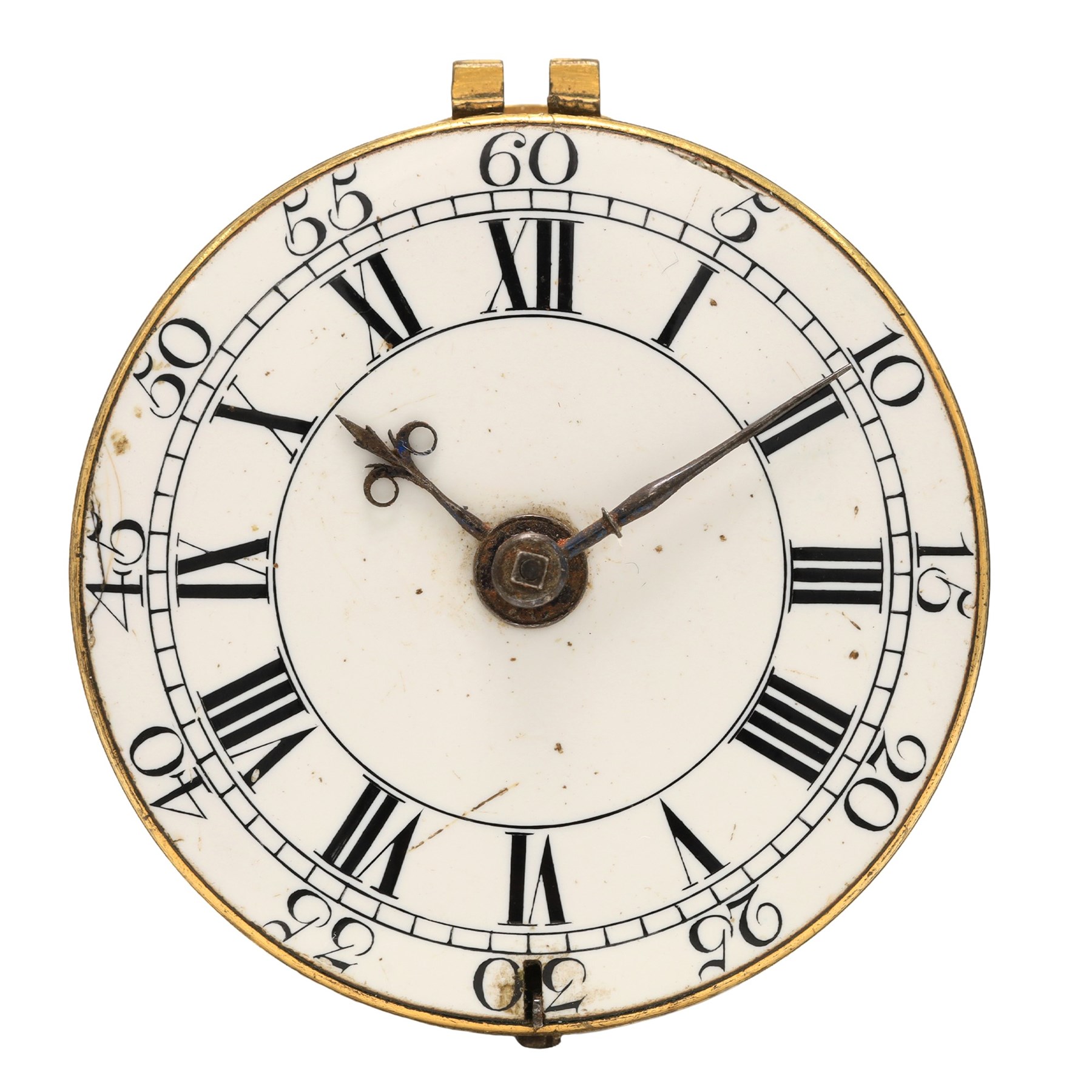 18th century verge fusee pocket watch movement by Andrew Dickie, Edinburgh, No. 1586, square baluster pillars, pierced and engraved balance cock decorated with a mask and diamond endstone, white enamel dial with Roman hours and outer Arabic minute ring with beetle and poker hands