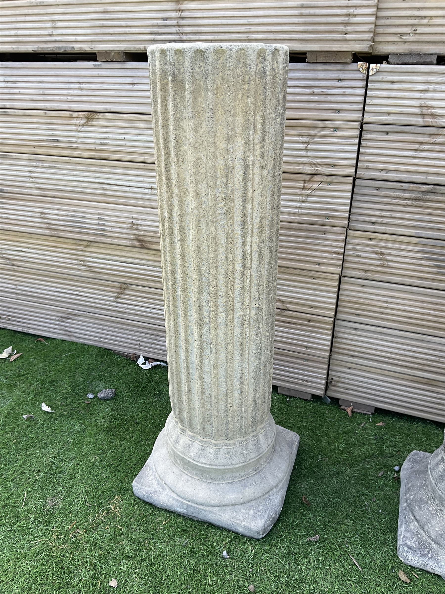Pair of cast stone Pompeii fluted garden columns, square bases, H90 - THIS LOT IS TO BE COLLECTED BY APPOINTMENT FROM DUGGLEBY STORAGE, GREAT HILL, EASTFIELD, SCARBOROUGH, YO11 3TX