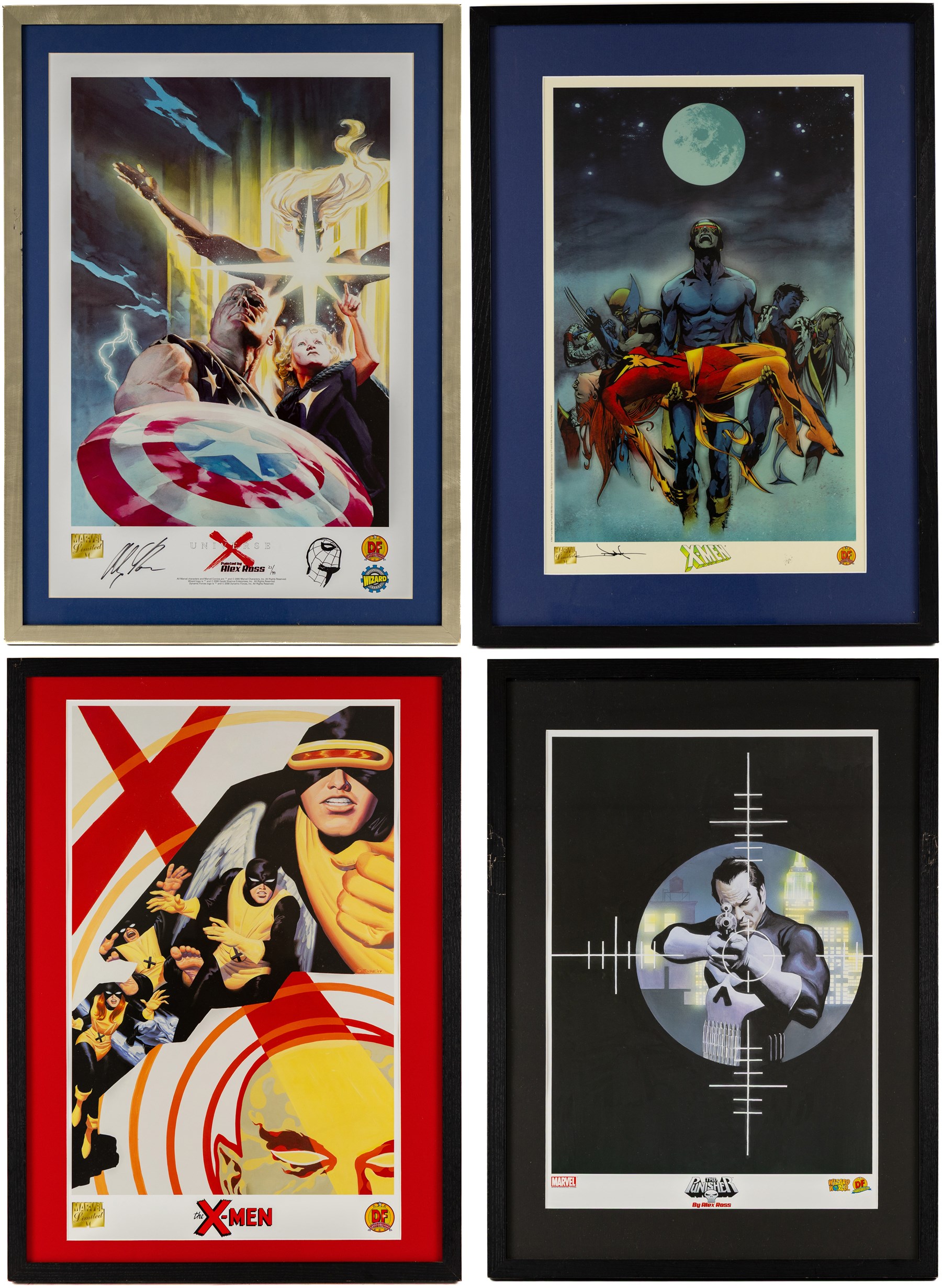 Four limited edition Dynamic Forces Marvel prints, comprising Universe X Premiere lithograph remarked and signed by artist Alex Cross limited no. 21/99, X-Men Death of Phoenix signed by artist Jae Lee, limited no. 7/1980, both with certificate of authenticity and two unsigned prints The Punisher and The Xmen, largest H67cm, W38cm (4)