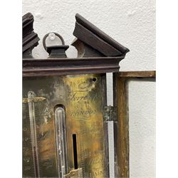 William IV mahogany stick barometer signed “Torre & Co, London”, with an architectural broken pediment above a glazed door, exposed mercury tube with glass bulb cistern behind a turned mahogany cover, engraved register plate with a scale from 27” to 31” with a manual vernier and spirit filled thermometer from zero to a hundred degrees fahrenheit, engraved with the makers name and weather predictions. 
Torre & Co are recorded as Barometer manufacturers, Leigh Street, Red Lion Square, London c1830.
